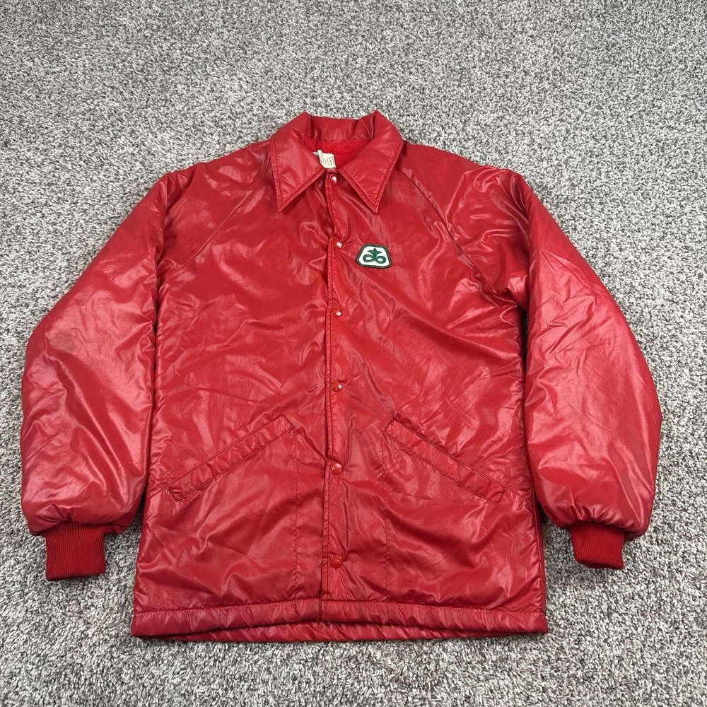 Vintage 70s Swingster Pioneer Seed Jacket Mens Small Red Snap USA Made Farm Work